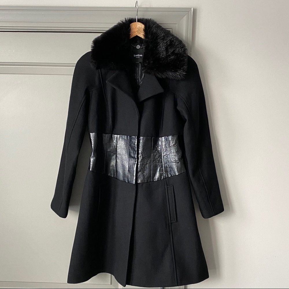 bebe snake Print & Faux Fur Black Winter Coat